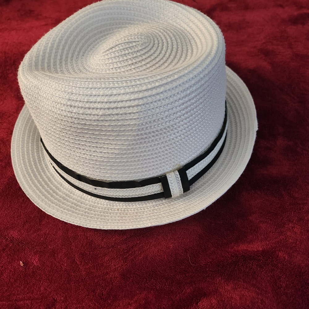 White Woven Fedora Hat Black Striped Band Summer Sun Straw Style Men L/XL